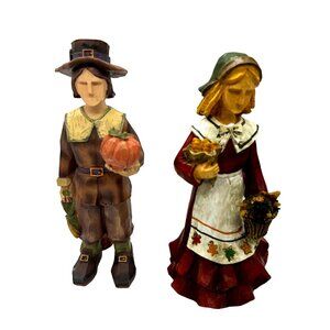 Vtg Thanksgiving Pilgrim Couple Figure Hand Painted Wood Decor Harvest Pumpkin